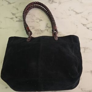 Ralph Lauren Black Suede Tote Bag Brown Braided Leather Straps Timeless Classic